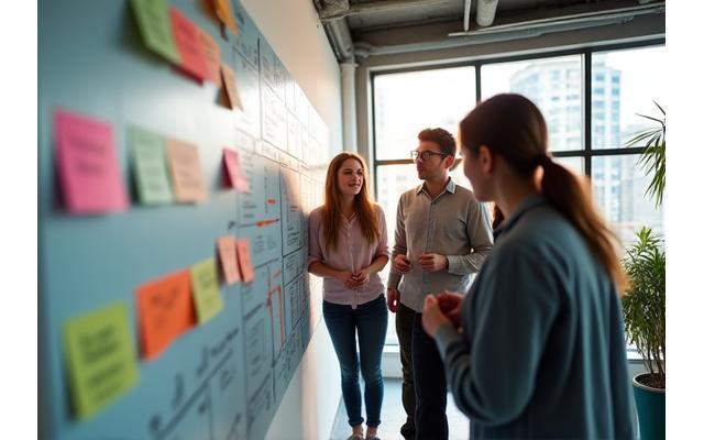 Startup-yrityksen tiimi työskentelee modernissa toimistoympäristössä, keskustelee ideoiden ympärillä